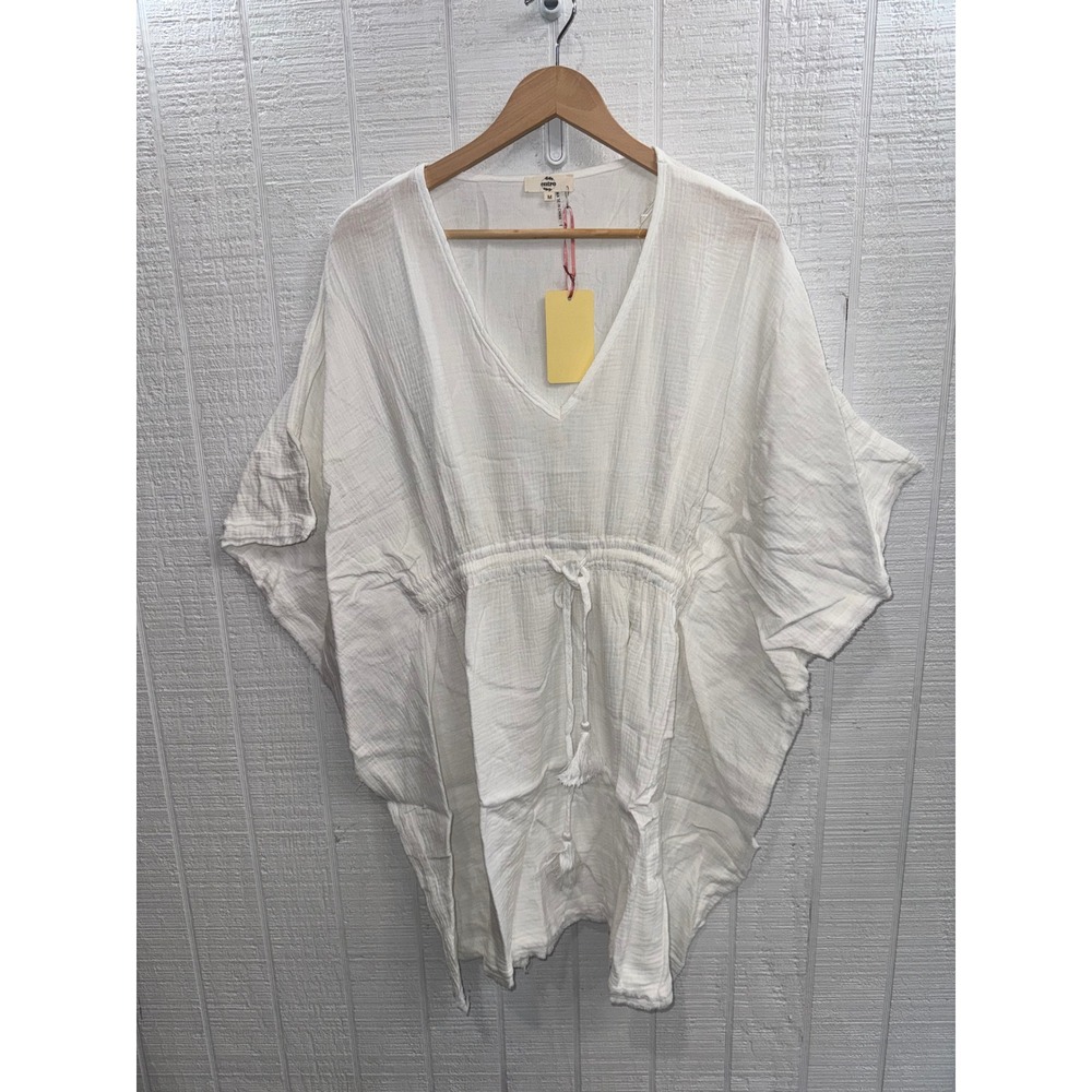 Entro Kaftan Dress Womens White Gauze Cotton Tassel Drawstring Mini Medium